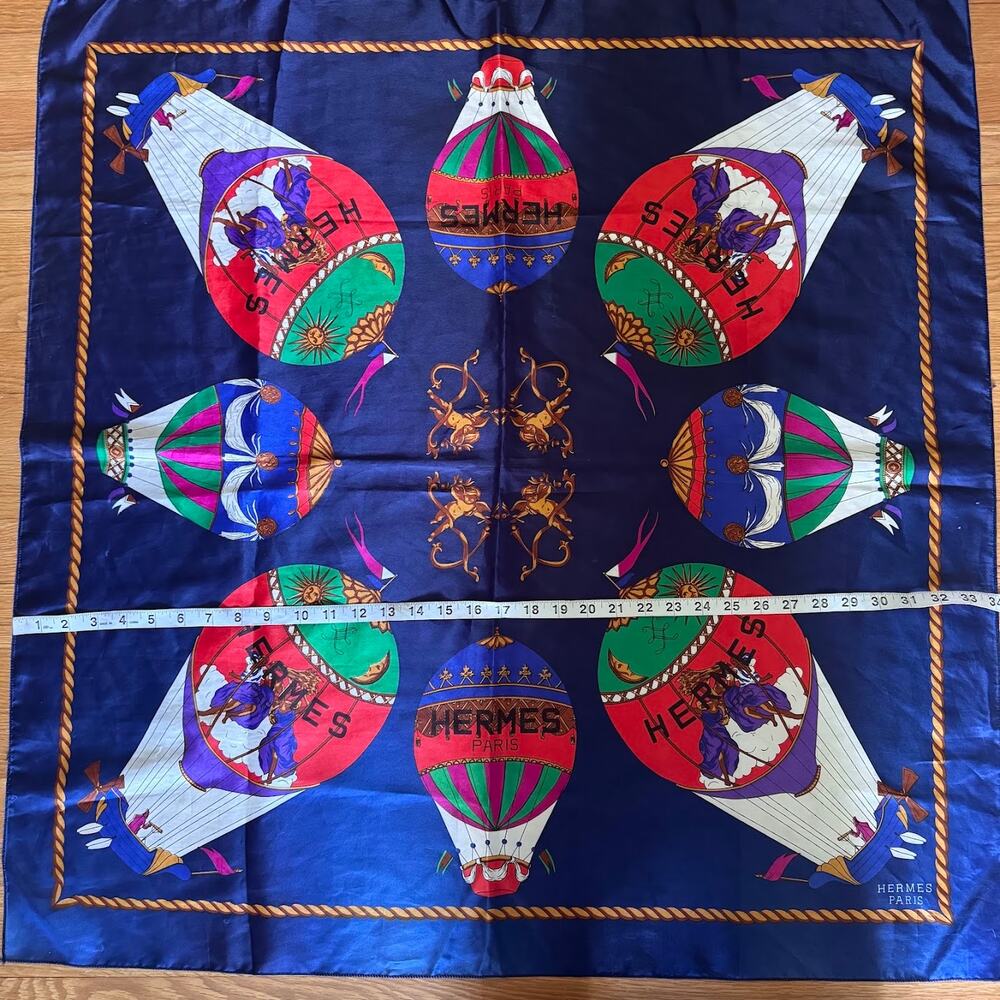 Hermes Paris Montgolfières Silk Scarf Hot Air Balloons Print Blue